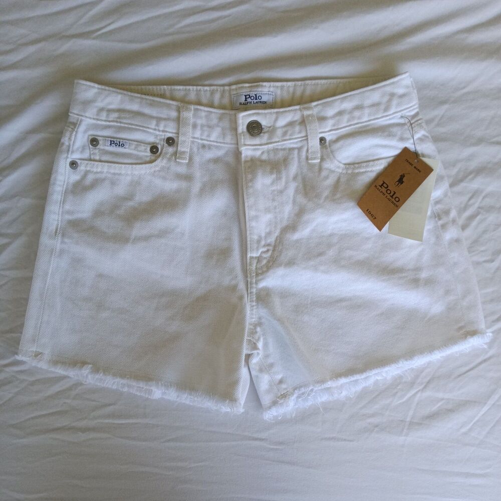 NWT Polo Ralph Lauren Girls' Frayed Cotton Denim Shorts, white, size 16